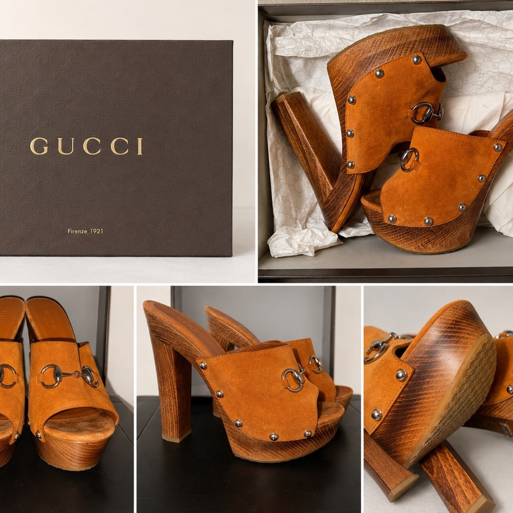 Gucci Horsebit Suede Platform Mule Sandals in Cognac Tan 37.5